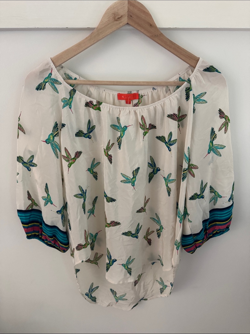 Glam 100% Silk Hummingbird Print Blouse Top Colorful Striped Cuffs Y2K Size S
